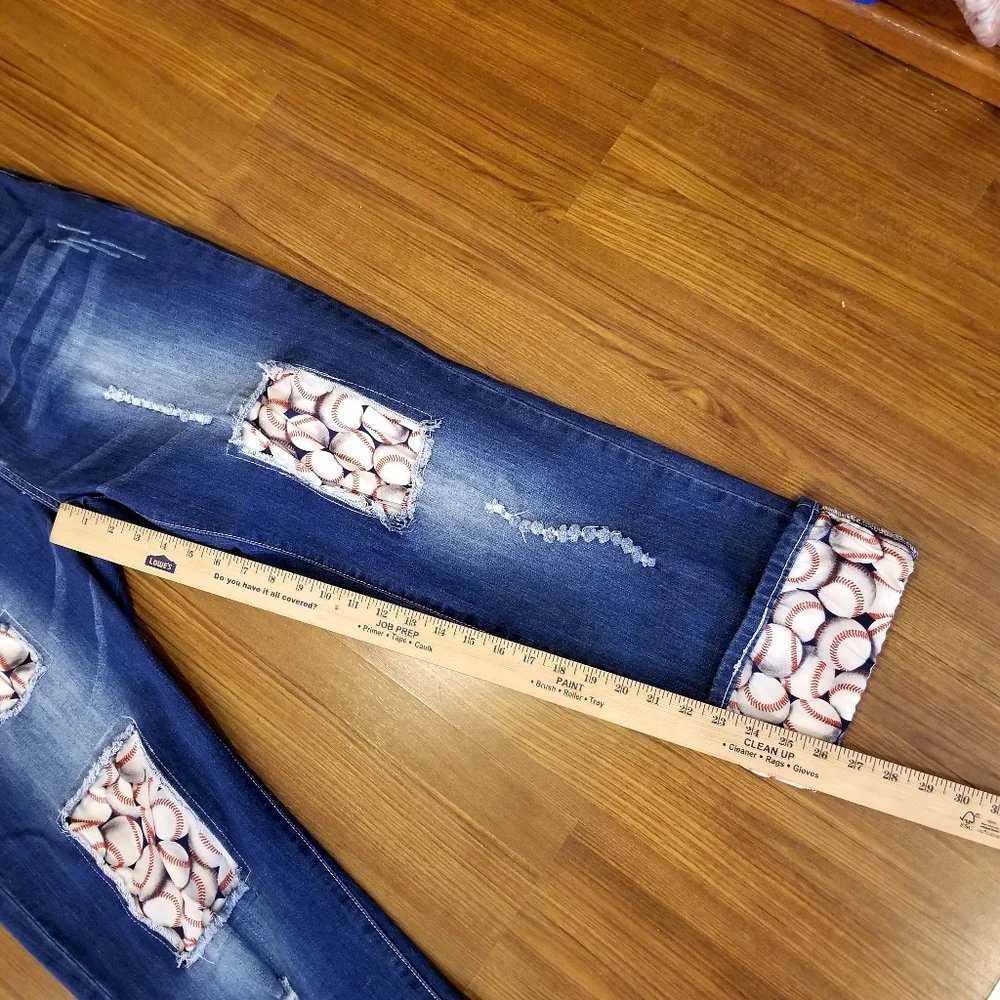 L&B Lucky and Blessed Jeans Women's 20 Baseball Patches Hem Denim Distressed - Picture 7 of 9